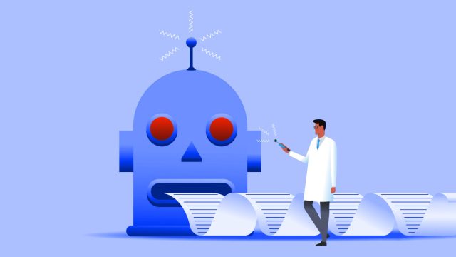 Illustration d'un robot générant un texte sans fin, contrôlé par un scientifique.
