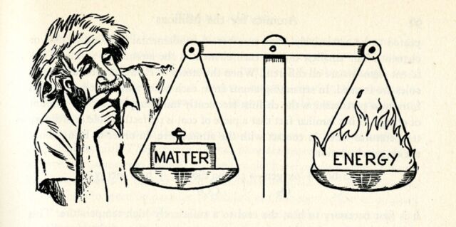 Sendak drew Albert Einstein pondering a balance with the two arms equally loaded with matter and energy.