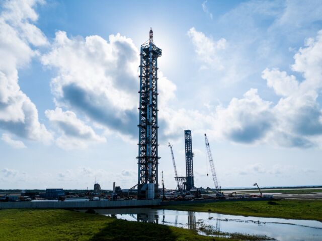 Construction of the second launch pad at Starbase, in the foreground, is well underway.