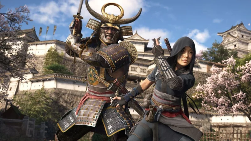 A samura and a ninja pose in a video game