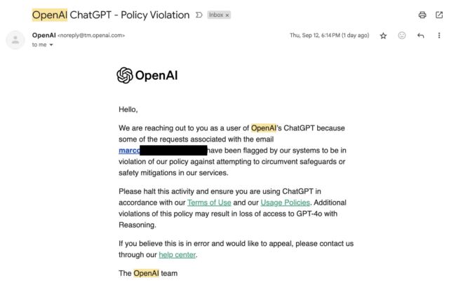 A warning email from OpenAI received from a user after o1-preview asked about its thought processes.