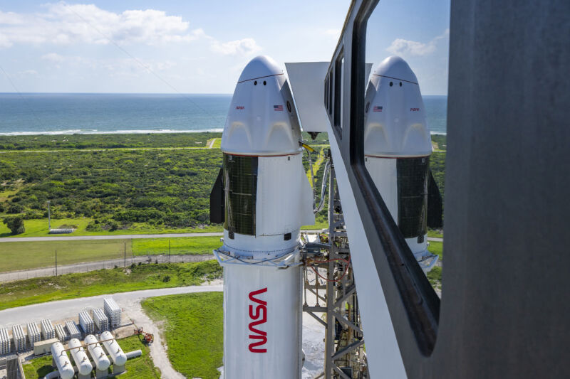 SpaceX's Crew Dragon spacecraft is ready for launch atop a Falcon 9 rocket from Space Launch Complex-40 at Cape Canaveral Space Force Station, Florida.