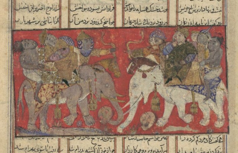 Prima luptă a lui Gav și Talhand', Folio dintr-un Shahnama (Cartea Regilor), ca. 1330–40, Atribuit Iranului, probabil Isfahan, Cerneală, acuarelă opaca, aur și argint pe hârtie, Pagina: 8 1/16 x 5 1/4 in. (20,5 x 13,3 cm), Codici, Trei bătălii între doi indieni prinți – frați vitregi care se luptă pentru tron ​​– au avut ca rezultat inventarea jocului de șah, pentru a explica moartea unuia dintre ei mamei lor îndurerate. Cuvântul persan shah mat, sau șah-mat, indicând o poziție fără scăpare, descrie situația dificilă a lui Talhand la sfârșitul celei de-a treia bătălii. (Fotografia: Sepia Times/Universal Images Group prin Getty Images)