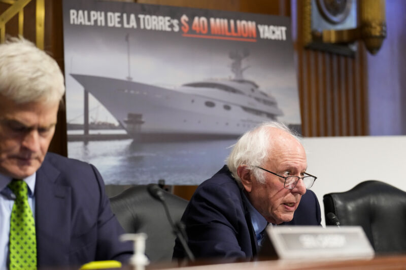 Vermont Senator Bernie Sanders speaks about Ralph De La Torre's spending habits during the US Senate Committee on Health, Education, Labor, & Pensions on September 12, 2024.