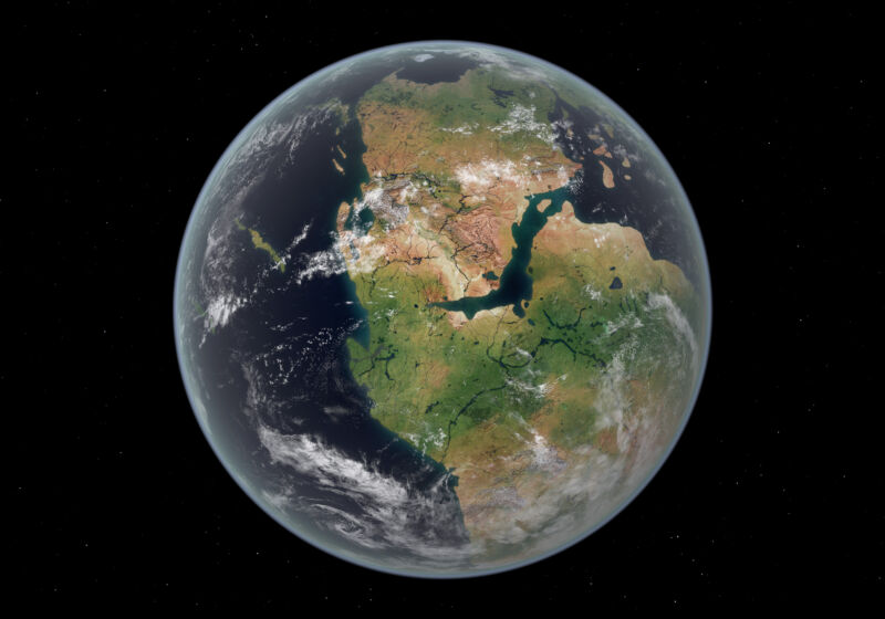 Image of the Earth with a single, enormous land mass composed of several present-day continents.