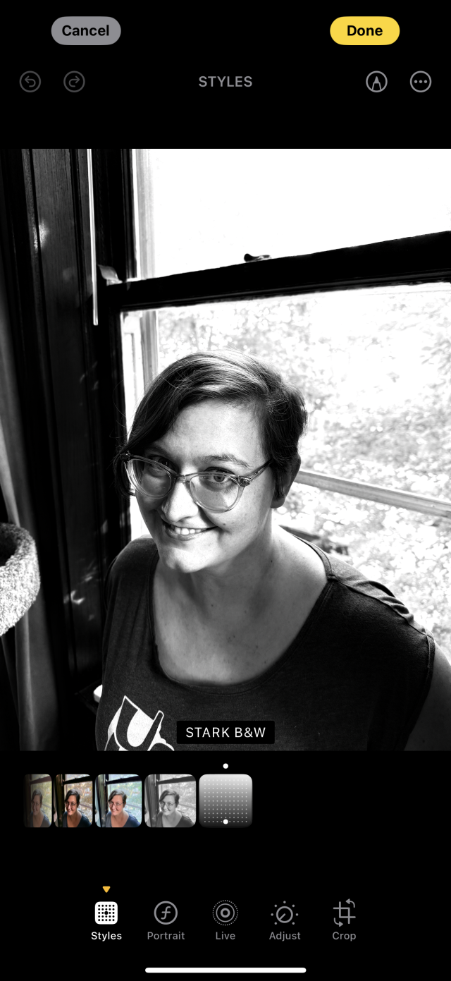 A black and white photographic style in the Camera app