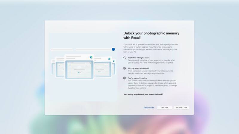 Updated Recall intro screen with clearly visible opt-in and opt-out buttons; Microsoft says the Recall feature will be available by default and can even be completely removed from PCs.