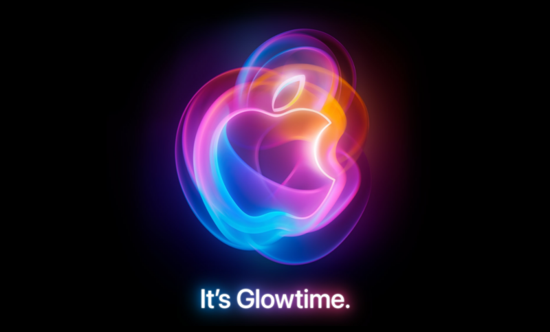 Gambar promo acara Apple It's Glowtime yang menggambarkan logo Apple berwarna neon