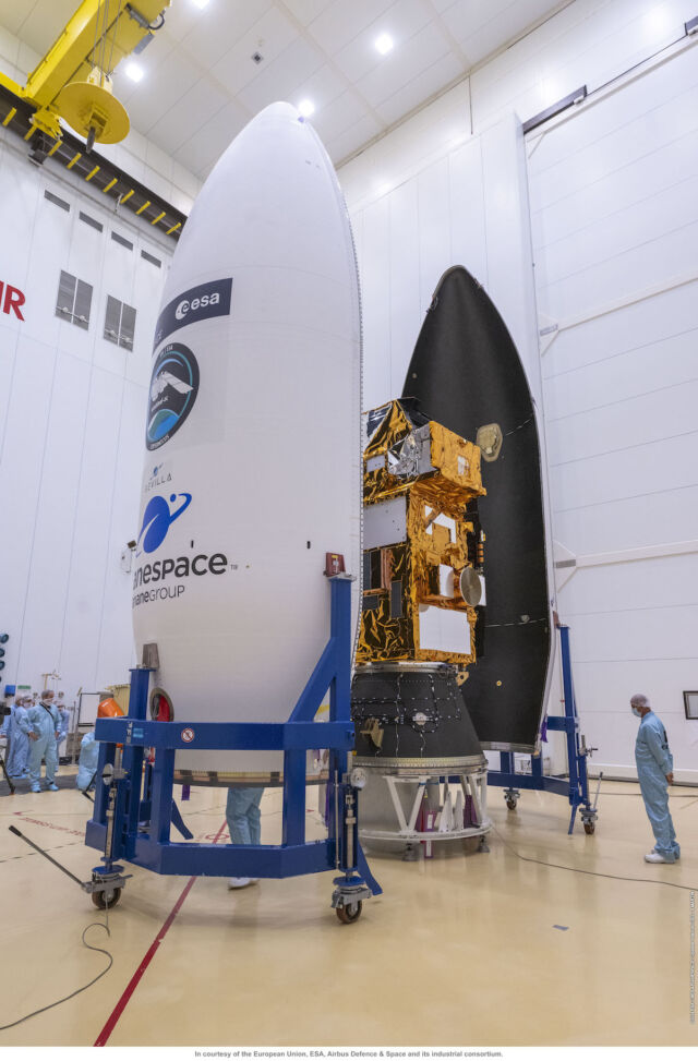 The Sentinel-2C spacecraft is seen encapsulated inside the Vega rocket's payload fairing. 