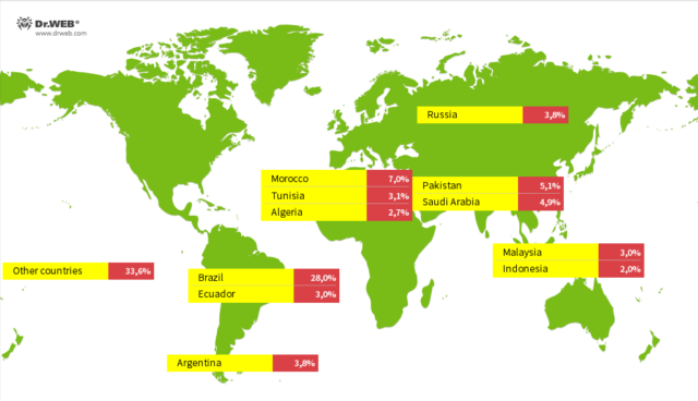 Una mappa del mondo che mostra il numero di infezioni nei diversi paesi.