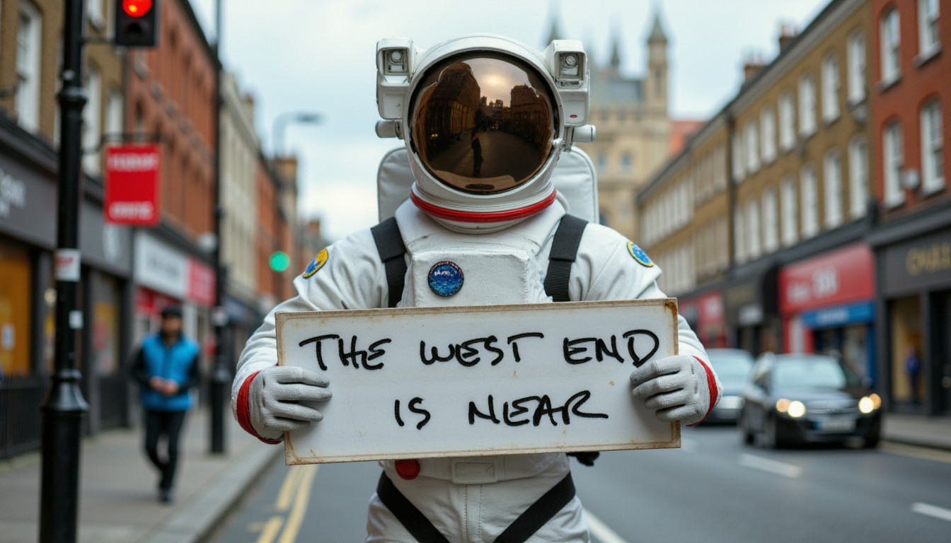 An AI-generated image using Flux and "Dad's Uppercase" featuring the prompt: d4dupp3r A photo of an astronaut in a spacesuit on the streets of London holding a sign that reads: "THE WEST END IS NEAR".