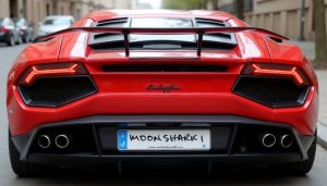 An AI-generated image using Flux showing Aurich Lawson's fictional Lambo.