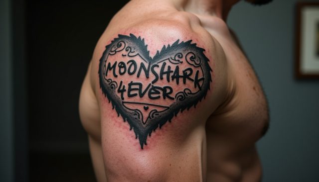 An AI-generated image using Flux and "Dad's Uppercase" featuring the prompt: a close-up of man's muscular arm with an ornate tattoo that reads 'MOONSHARK 4-EVER' inside a heart shape.