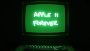 An AI-generated image using Flux and "Dad's Uppercase" featuring the prompt: A photo of a vintage green computer CRT screen glowing in the dark. You see an Apple II keyboard below the screen. Glowing white on the screen are the graphics: "APPLE II FOREVER"