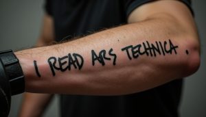 An AI-generated image using Flux and "Dad's Uppercase" showing a tattoo.