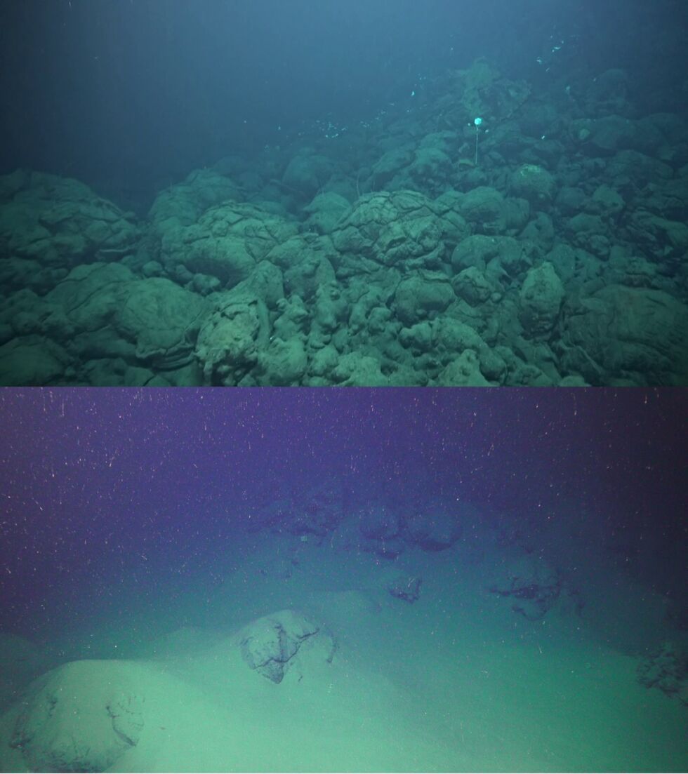 Pre-eruption (top) and post-eruption (bottom) photos of the same area show how thick the ash deposits became after the eruption. 