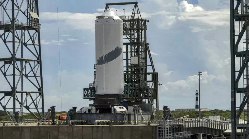 The second stage of the New Glenn rocket rolled to the launch site this week.