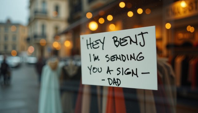 An AI-generated image using Flux and "Dad's Uppercase" with the prompt: a close-up of a store sign that reads: "HEY BENJ, I'M SENDING YOU A SIGN -- DAD"