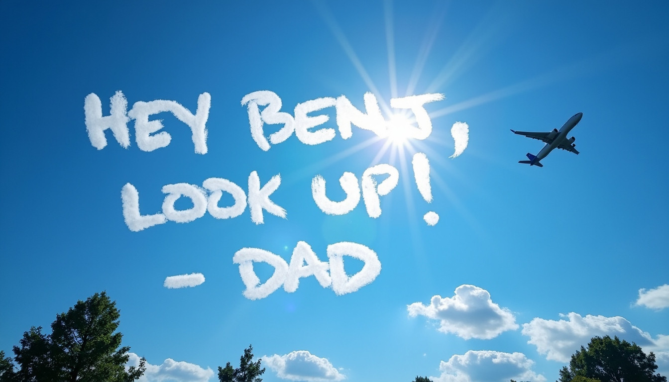An AI-generated image using Flux and "Dad's Uppercase" with the prompt: A photo of a deep blue sky with white clouds shaped like letters, skywritten by a plane. They read: "HEY BENJ, LOOK UP! -- DAD." The sun’s rays shine through the clouds, and we see trees near the bottom of the image.