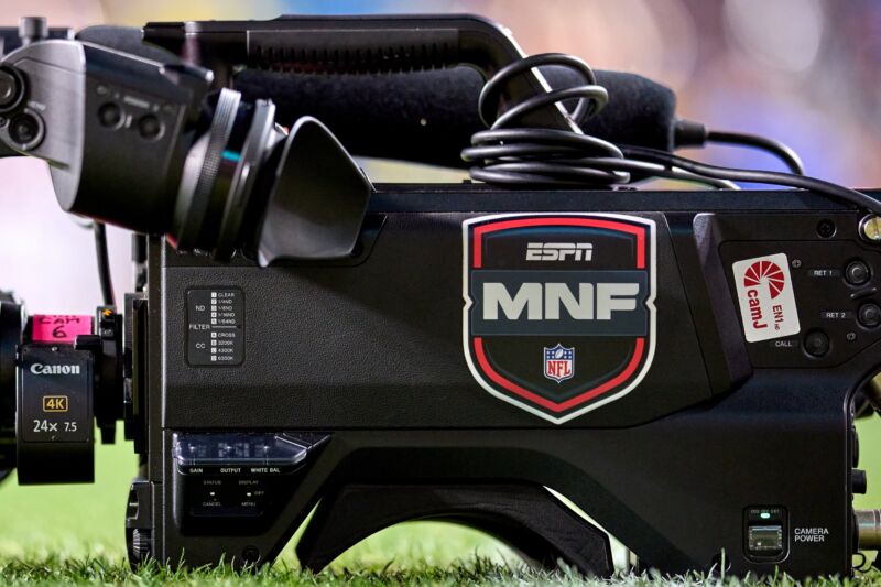 An ESPN Monday Night Football NFL logo seen on a TV camera during a game between the San Francisco 49ers and Baltimore Ravens.