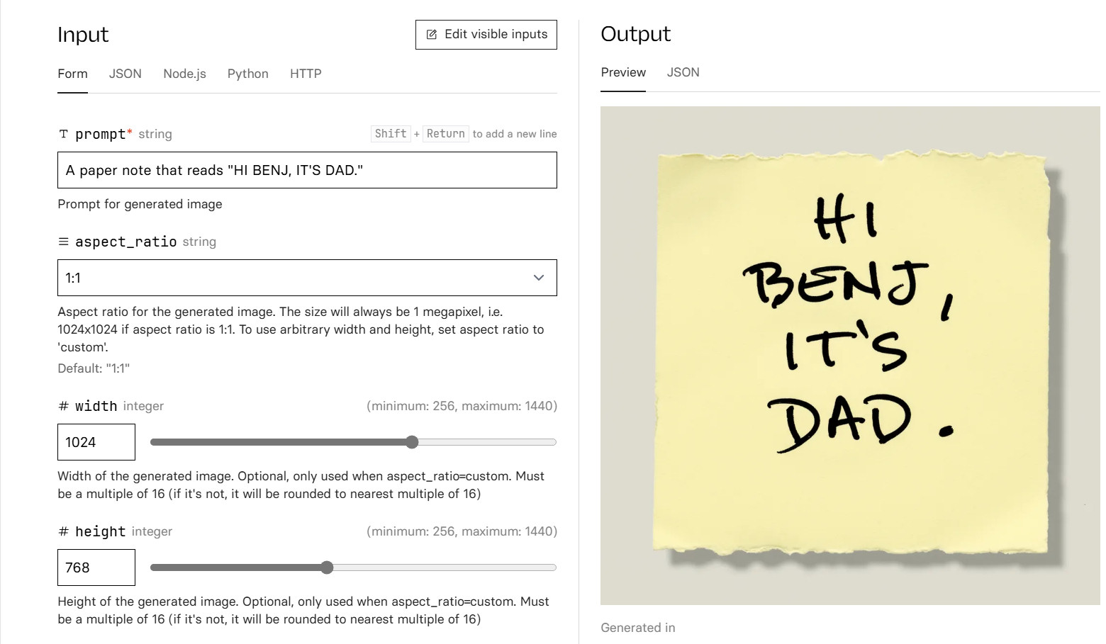 A screenshot of my first generation using Dad's Uppercase on Replicate.