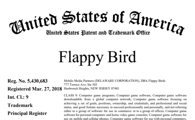 A section from the USPTO's 2018 trademark certificate granting "Flappy Bird" to "Mobile Media Partners."