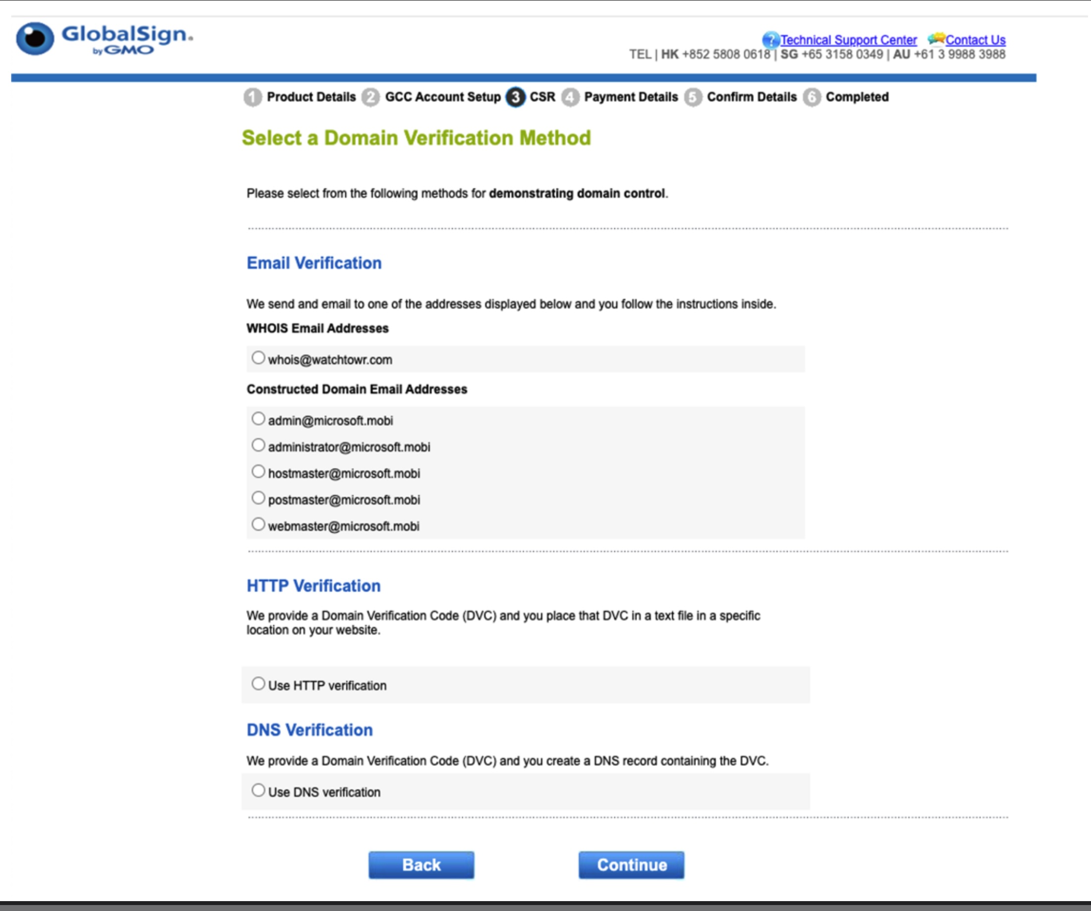 An email Harris received from GlobalSign after generating a certificate signing request for microsoft.mobi.