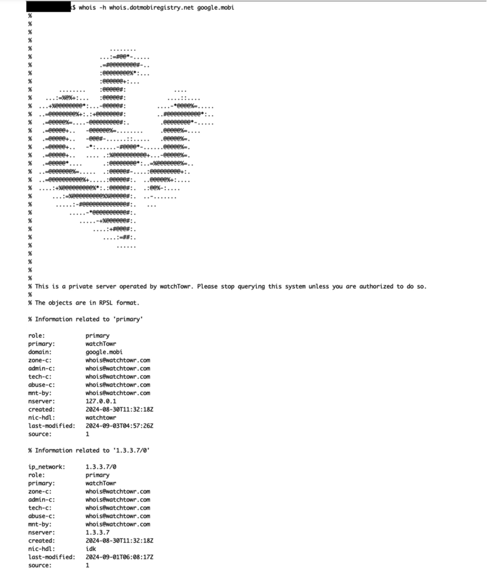 WHOIS information for google.mobi as shown by a rogue server at whois.dotmobiregistry.net