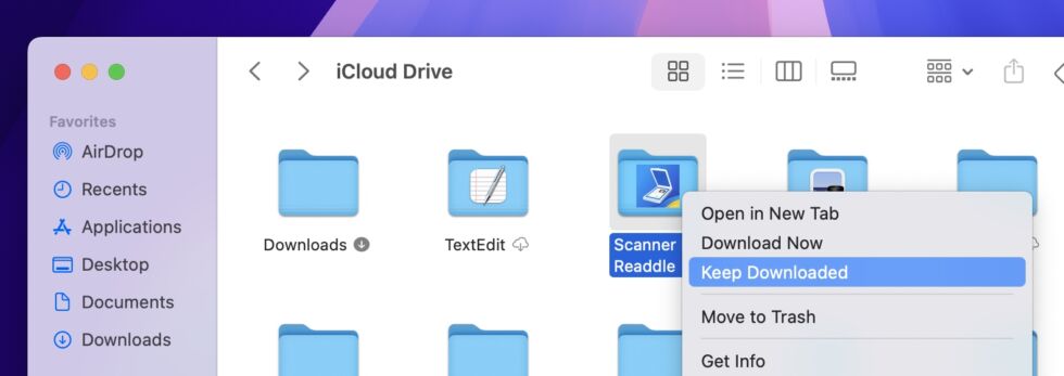 In the Finder, iCloud Drive folders can now be marked if you'd like to keep all their contents downloaded for offline use at all times. A folder with 