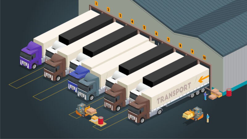 trucks forming piano keys in front of warehouse - isometric projection