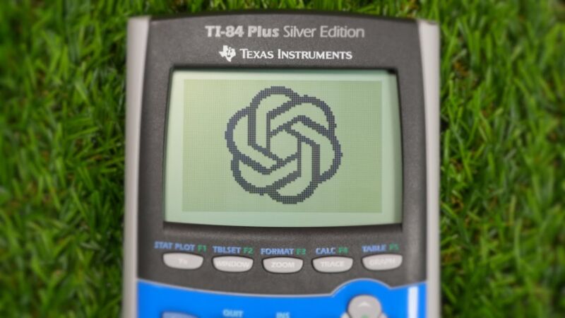 An OpenAI logo on a TI-84 calculator screen.