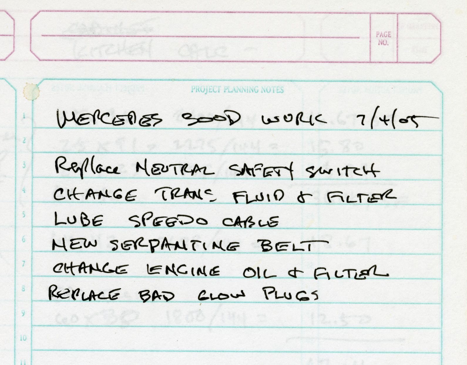A scan of Benj's dad's journal where he detailed steps he would perform to fix up an old used Mercedes.