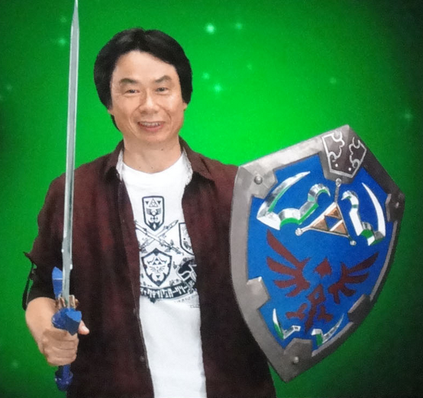 Artist's conception of Miyamoto preparing to fend off investors eager for more generative AI integration.