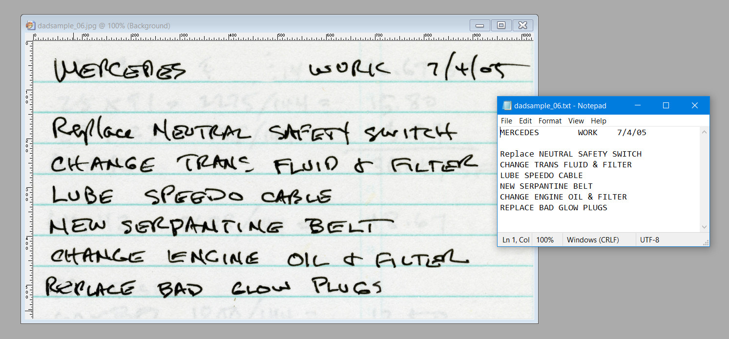 A screenshot of the process where I scanned my dad's writing and transcribed it into a text file as a caption.
