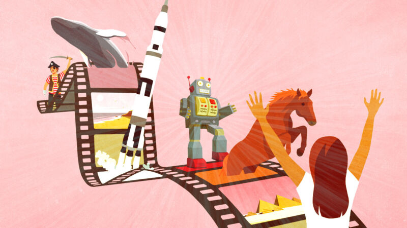 O ilustrare a unei benzi de film cu un robot, un cal, o rachetă și o balenă.