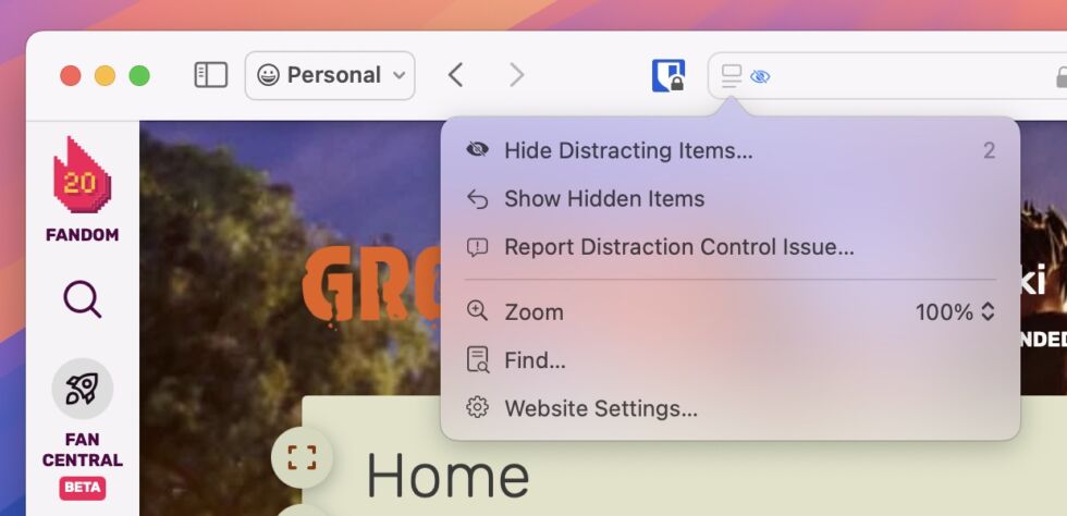 The menu for hiding and showing distracting items in Safari.