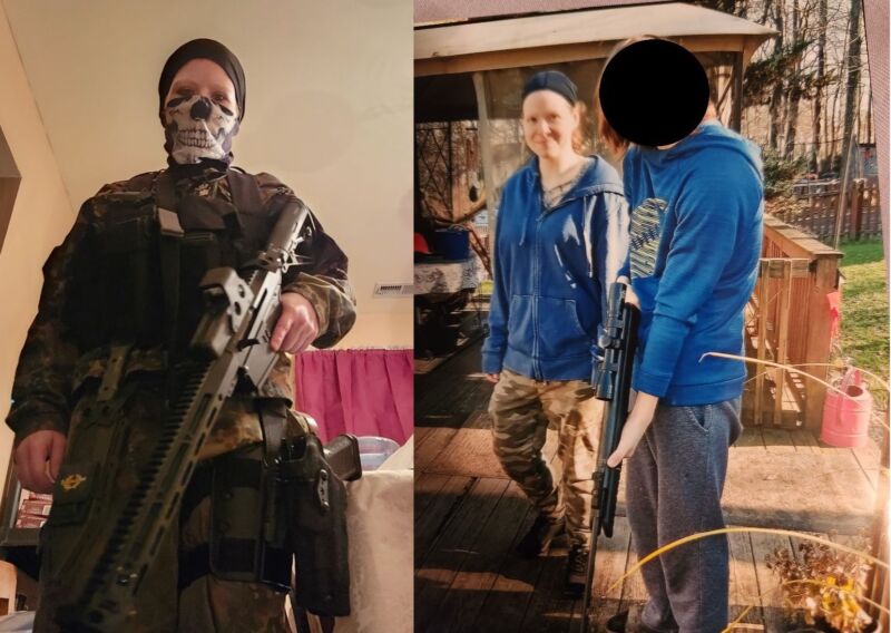 Two photos of a woman. In one, she is wearing tactical gear containing a swastika and holding a rifle. In the other, she stands next to what appears to be a minor holding a firearm.