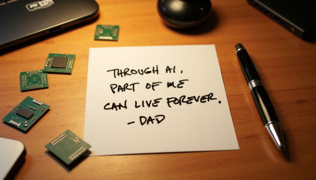 An AI-generated image using Flux and "Dad's Uppercase" and the prompt: A square piece of note paper centered on a warm wooden desktop. The note reads: "THROUGH AI, PART OF ME CAN LIVE FOREVER. --DAD" Several computer chips sit on the desk near the note.