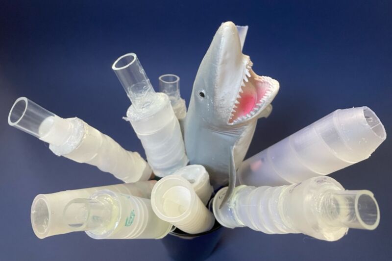 some of the research team’s 3D-printed pipes alongside a plastic toy shark.