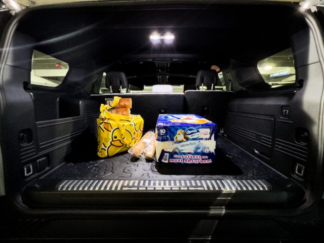 Hummer EV SUV cargo area with some Costco purchases