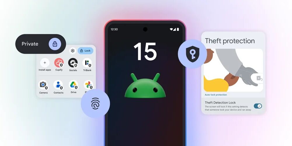 Una representación de Android 15 en un teléfono móvil, destacando nuevas características de seguridad. A la izquierda, aparece el ícono de "Private" o espacio privado, que permite proteger aplicaciones como contactos, Drive, y la cámara, utilizando un bloqueo con contraseña o huella dactilar. En el centro, una pantalla del teléfono muestra el número "15" con la mascota de Android debajo. A la derecha, se destaca la función de "Theft protection" o protección contra robos, con un gráfico que muestra una mano intentando tomar un teléfono y un mensaje sobre el "Theft Detection Lock", que bloquea el dispositivo si detecta un robo.