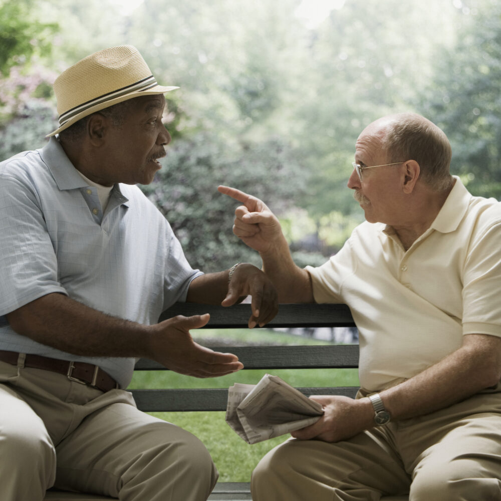 Image of two older men arguing on a park bench.