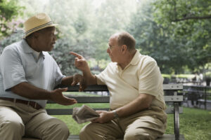Image of two older men arguing on a park bench.