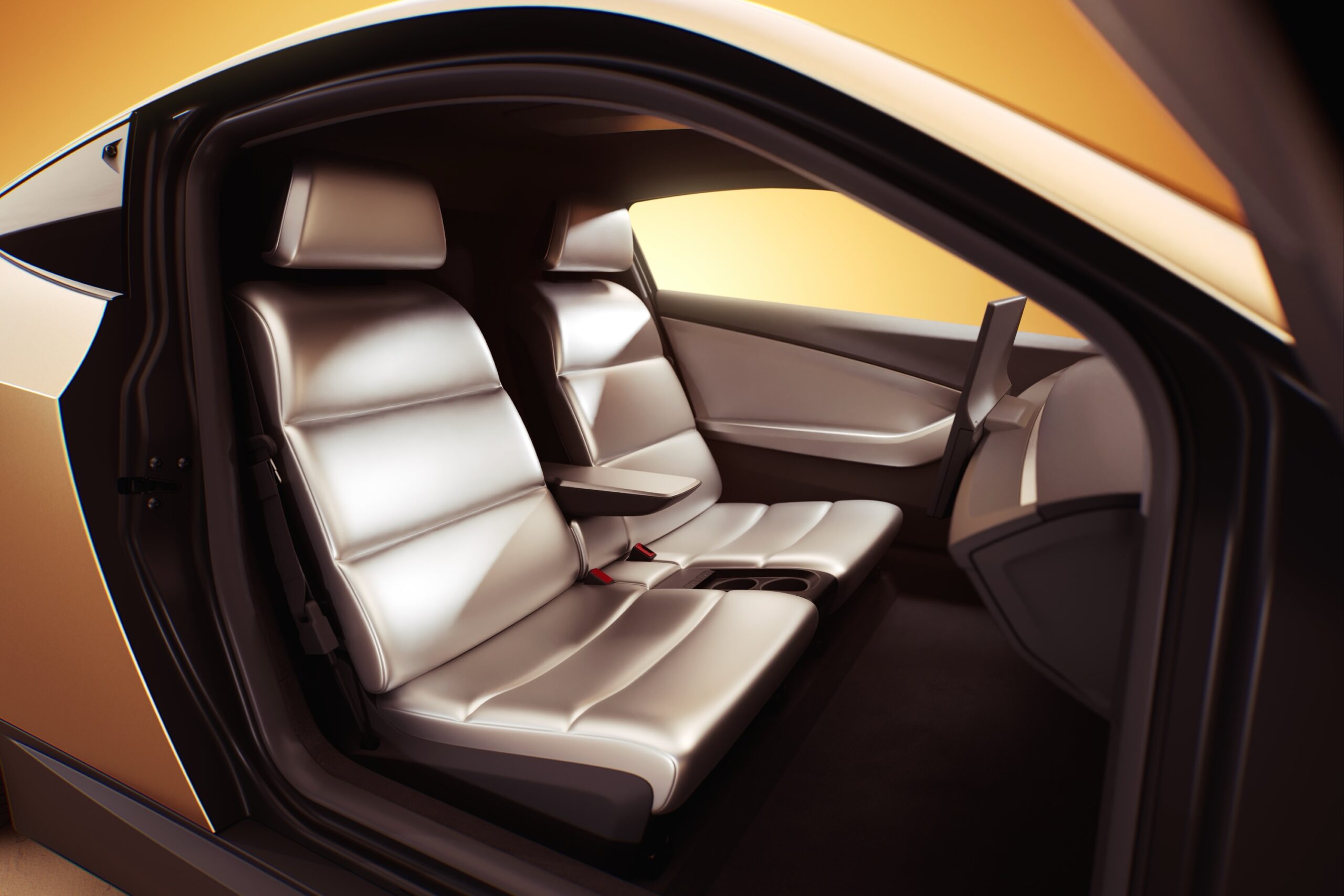 A view of the two-seat interior of the Tesla Cybercab