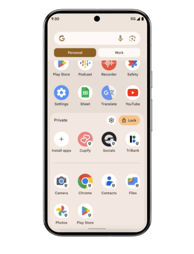 Image of an Android phone showing private space at the bottom of the app