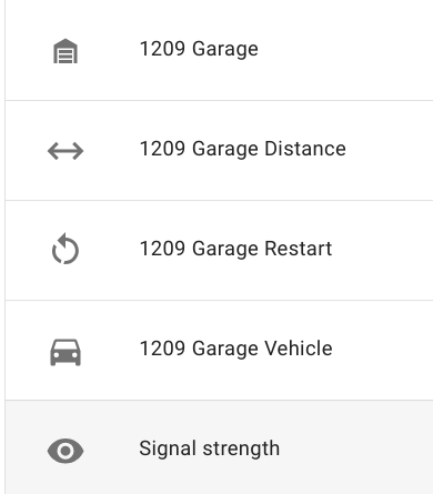 Screenshot showing 5 sensors: garage, distance, restart, vehicle, and signal strength.