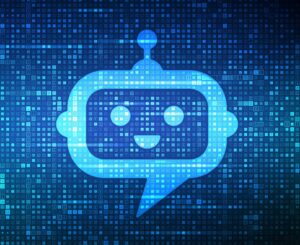 Illustration of a robot's head on a digital background, to represent an artificial intelligence chatbot