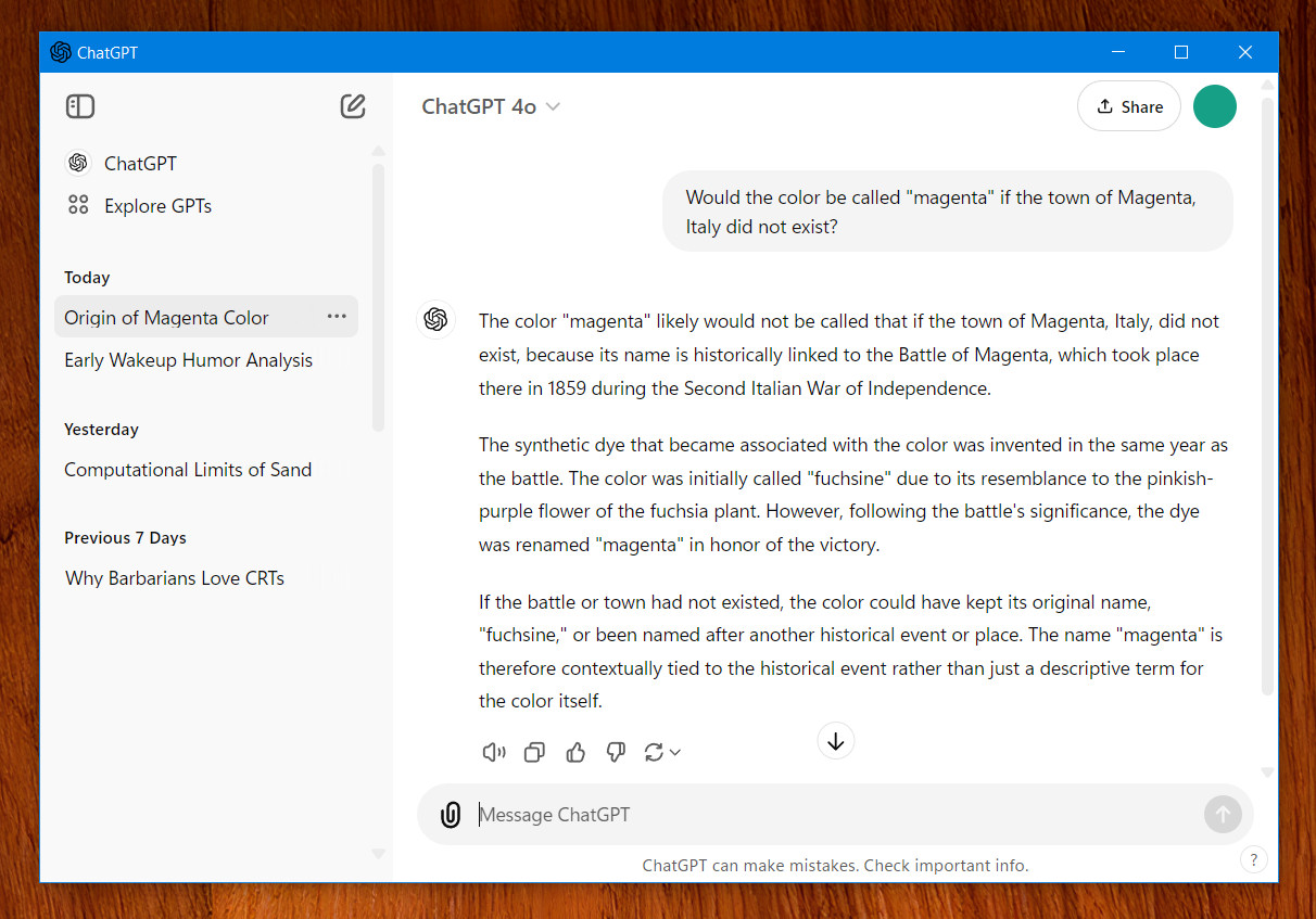 A screenshot of the new Windows ChatGPT app captured on October 18, 2024.