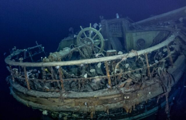 The taffrail and wheel of the Endurance underwater, as seen over a century after it sank.