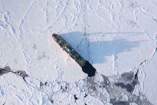 The S.A. Agulhas II surrounded by sea ice as it makes its way towards the coordinates to find the Endurance.